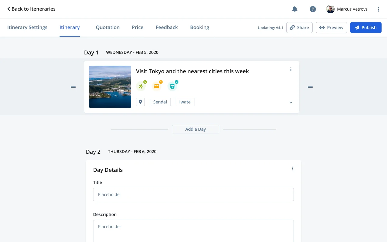Itinerary → quotation → price — one connected trip