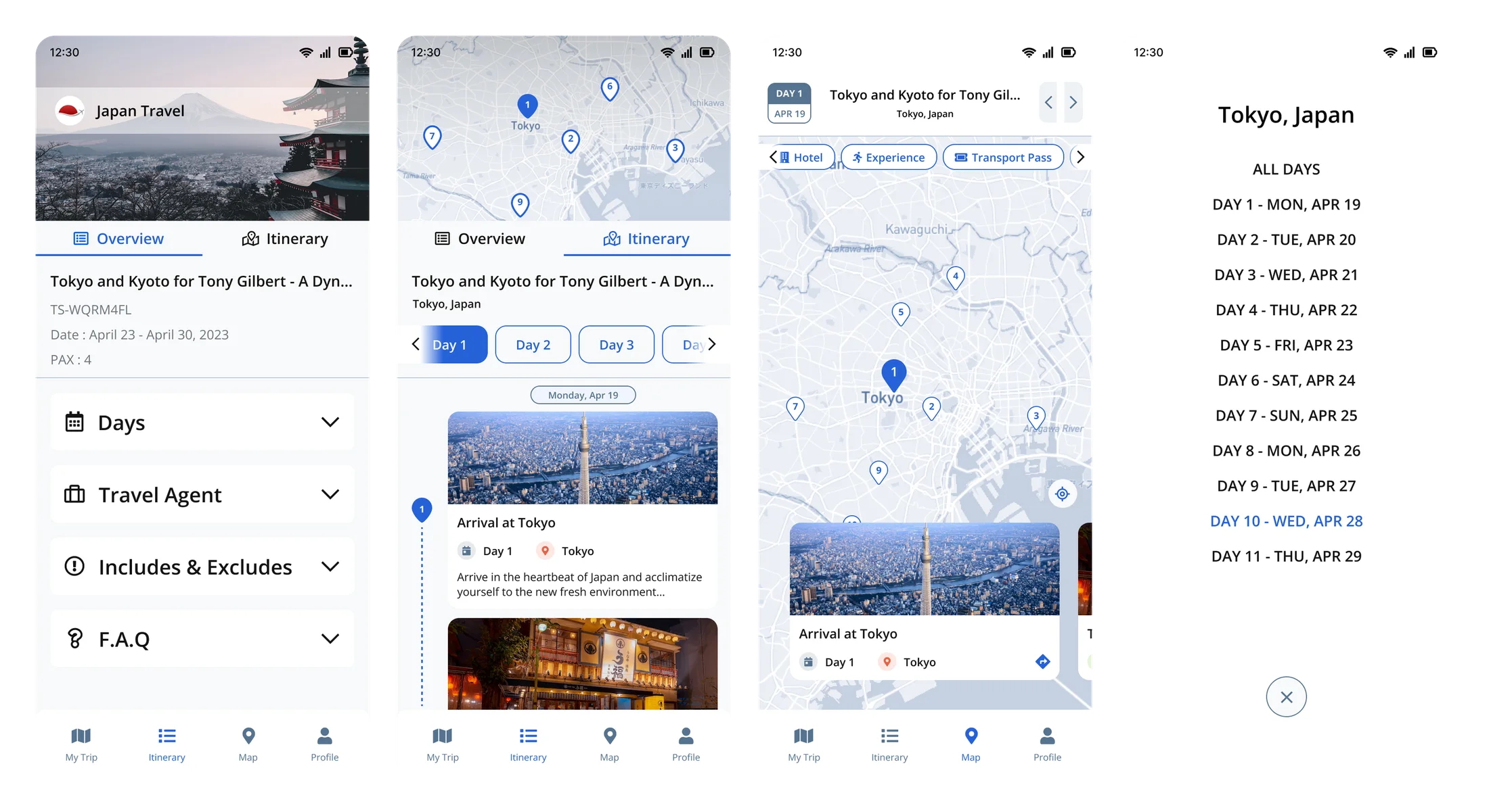 Itinerary overview, day-by-day timeline, map & day picker