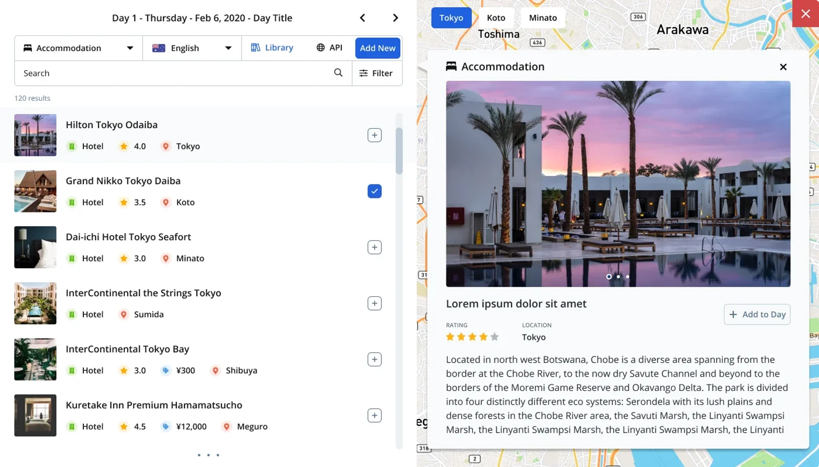 Day-by-day accommodation search in the builder
